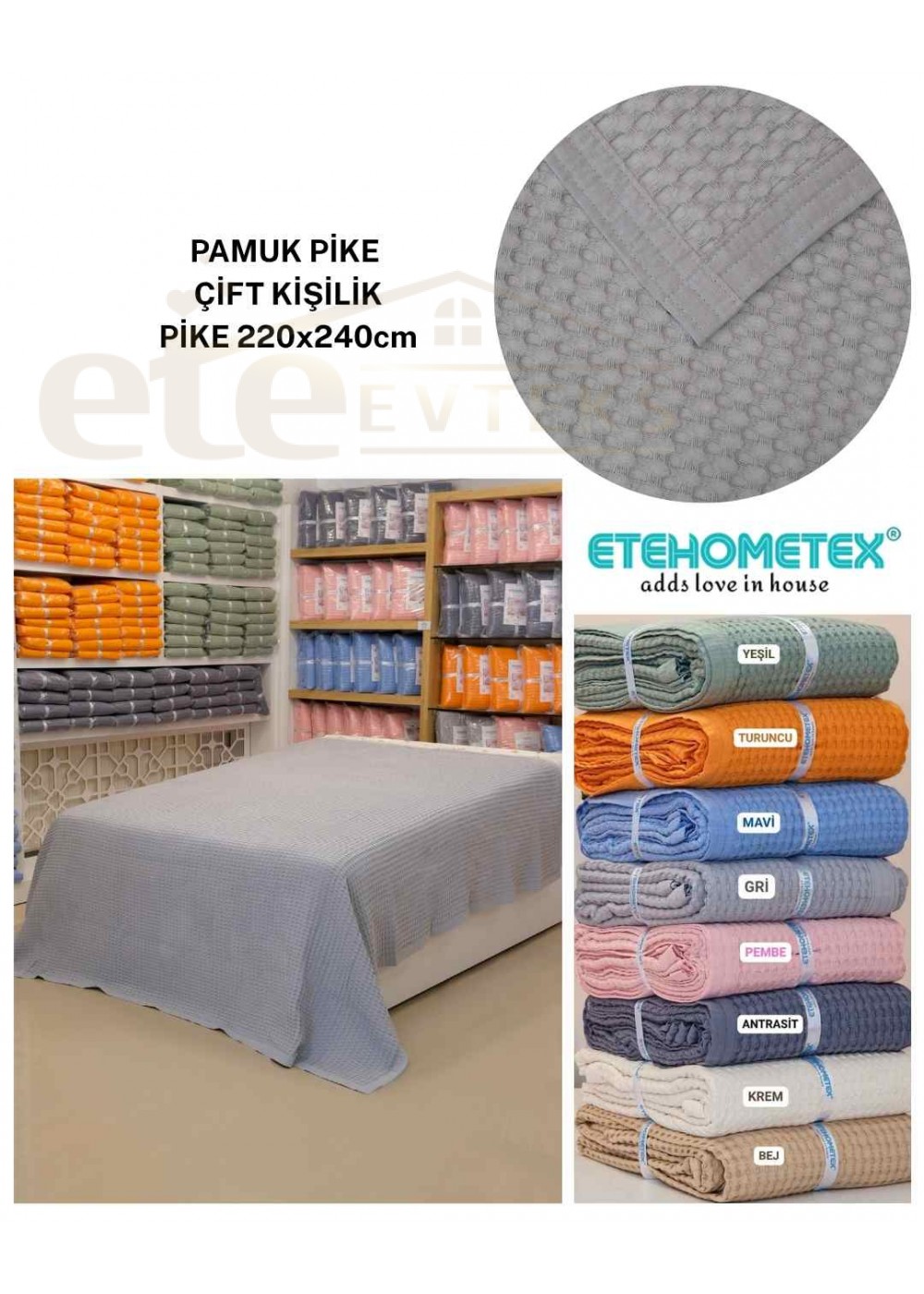 ETEHOMETEX HAVUZLU PİKE ÇİFT KİŞİLİK 220x240cm GRİ 8696474231653
